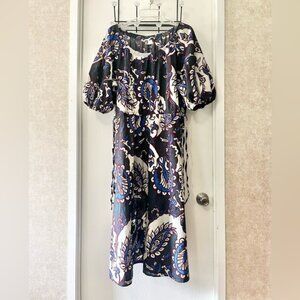 H&M Navy and White Floral Puff Sleeves with Draw String Cinched Waist Maxi Dress